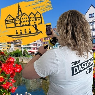 Eine Reporterin mit Mikrofon, im Hintergrund ein Bild von Tübingen und darüber Tübingen aus Tape.