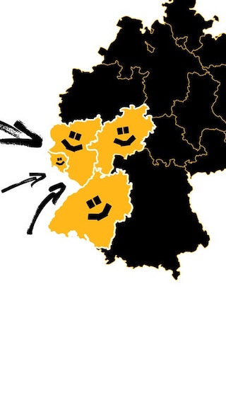 Eine Karte der Deutschen Bundesländer. Baden-Württemberg, Rheinland-Pfalz, Saarland und Hessen in gelb mit DASDING Smiley.