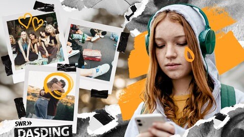 Junges Mädchen, welches traurig in ihr Smartphone blickt. Daneben Polaroids mit glücklichen Momenten: Freunde, die zusammen Zeit verbringen und ein Paar, welches sich in die Arme fällt.